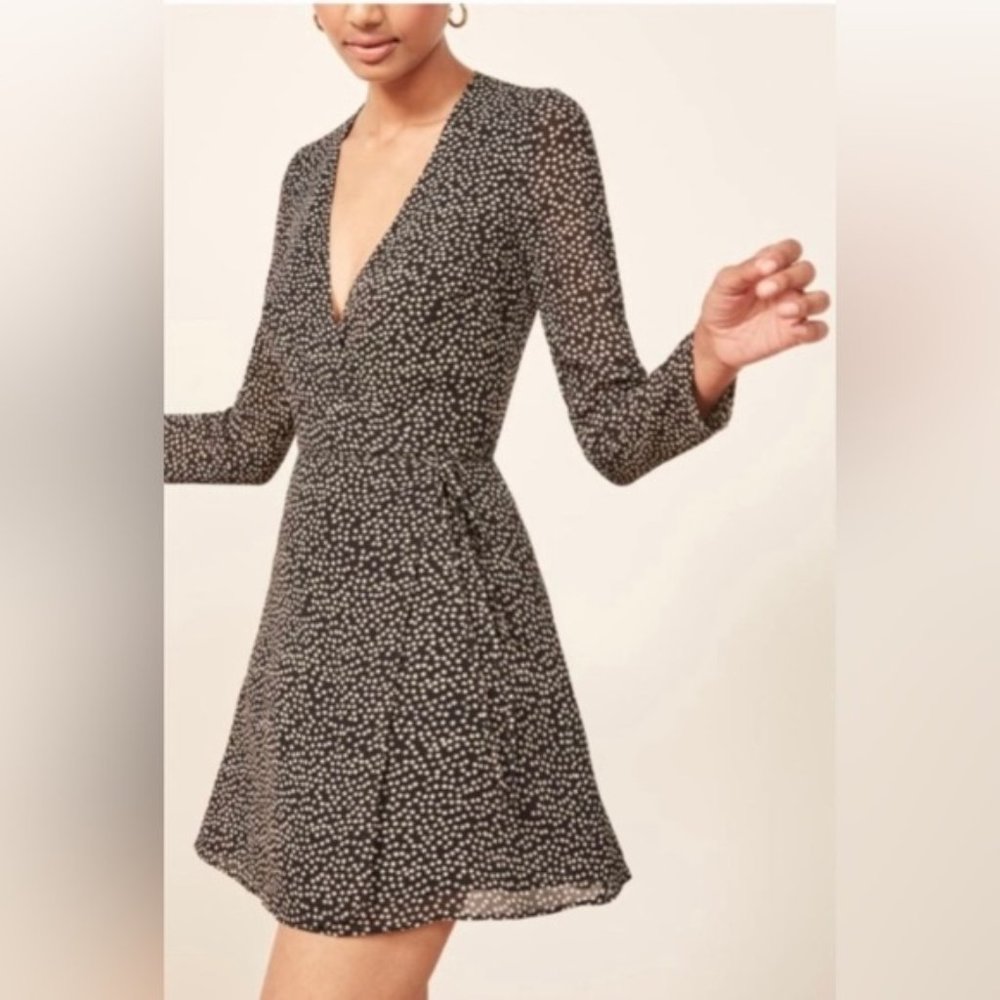 Reformation Dress Gjelina Warp Mini Nebraska Black Floral Long Sleeve Size XS